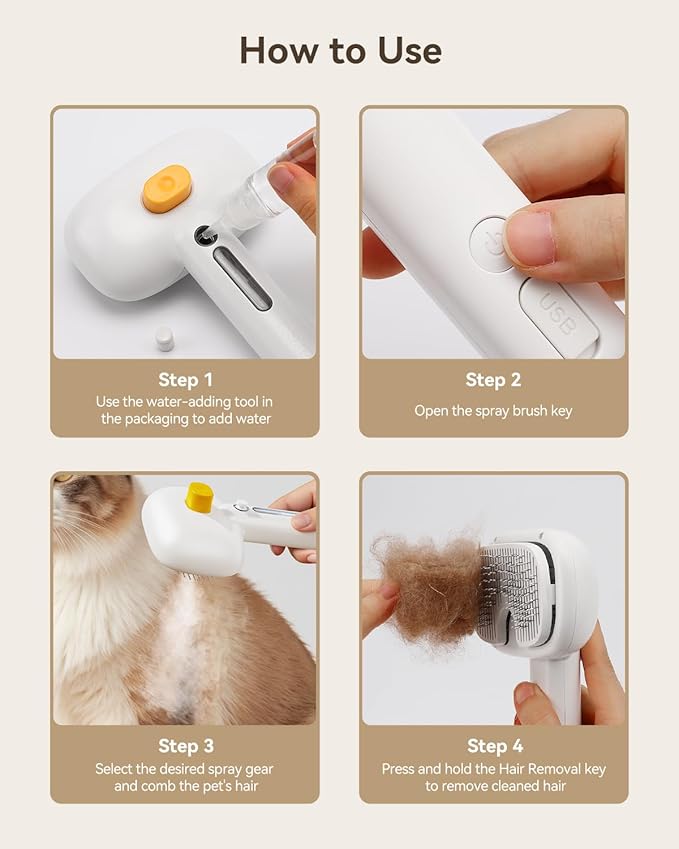 ROJECO 3-in-1 Pet Steam Brush for Cats&Dogs-Pet Spray Hair Removal Detangling Comb with Adjustable Mist,Handheld Deshedding Grooming Tool for Long/Short Hair,Massage Brush & Shedding Control,Cordless-Mewly Pet