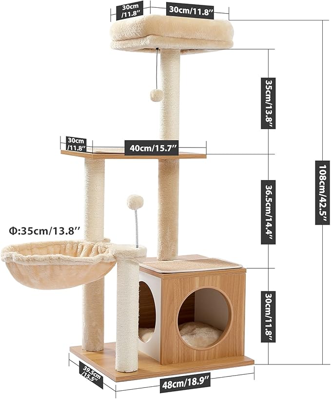 PEQULTI Cat Tree Modern Cat Tower for Indoor Cats,Multilevel Cat Play House with Large Condo, Spacious Hammock, Cozy Top Perch,Scratching Post and Dangling Balls-Mewly Pet