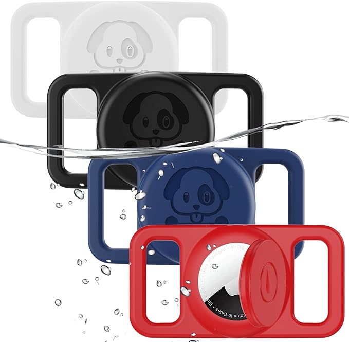 4 Pack Waterproof AirTag Dog Collar Holder Compatible with Apple AirTag, Silicone Hidden Loop Holder for Airtag Tracker, Anti-Lost Dog Collar Air Tag Accessories(Black,White,Red,Blue)-Mewly Pet