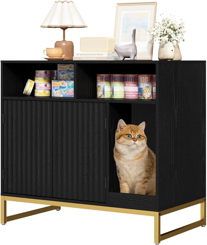 Cat Litter Box Enclosure, Large Hidden Pet Storage Cabinet Furniture with Waveform Fluted Doors & Scratching Pad, Modern Wooden Cat House Indoor for Washroom, Living Room, Bedroom, Black-Mewly Pet