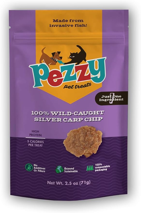 Silver Carp Chips Dog & Cat Treats | Single Ingredient | Wild Caught | Made w/Invasive Fish | Grain Free | High Protein + Low Fat | Hypoallergenic | Compostable Packaging | Made in The USA-Mewly Pet