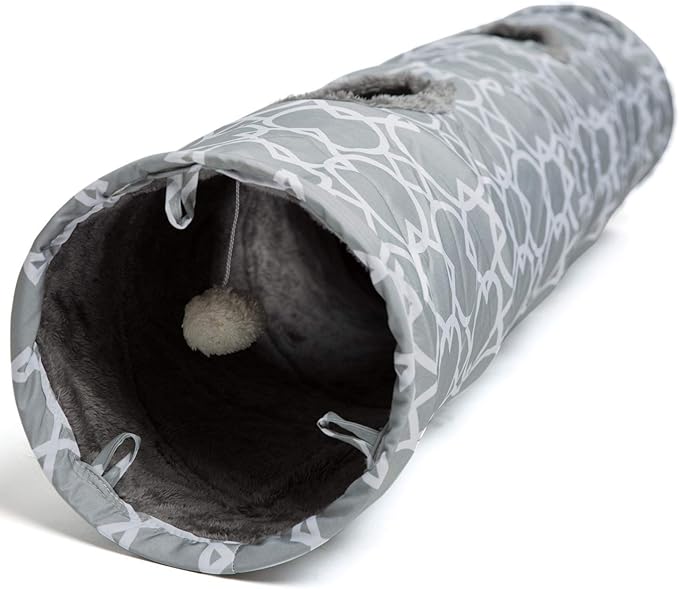 LUCKITTY Geometric Straight Cat Tunnel with Plush Inside,Cats Toys Collapsible Tunnel Tube with Balls, for Rabbits, Kittens, Ferrets,Puppy, Diameter 9.8 Inch-Mewly Pet