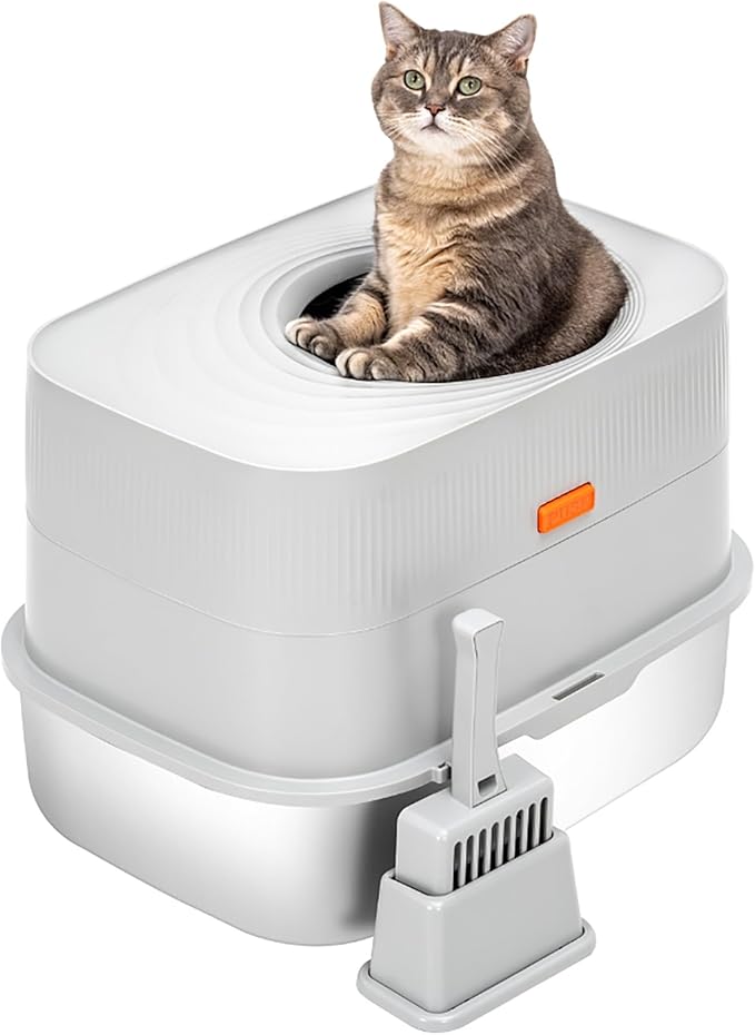Stainless Steel Sifting Litter Box with Lid, Metal Litter Pan with Scoop for Big Cats Multi Cat, Extra Large Cats Litterbox Odor Control, Easy Clean (23*16.5*16.5inch-with Enclosure, X-Large)-Mewly Pet