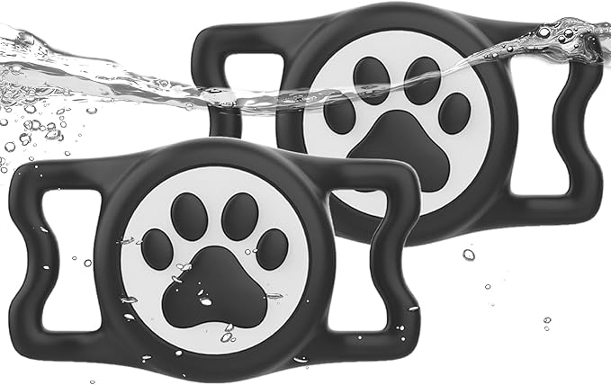 IP68 Waterpoof Dog Airtag Holder, Stretchy Silicone Full Body Covered Apple Air Tag Holder for Dog Cat Collar Fit All Width Collar (2* Black, 2 Pack)-Mewly Pet
