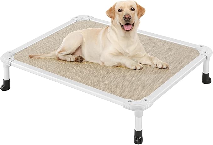 Veehoo Chew Proof Elevated Dog Bed - Cooling Raised Pet Cot - Silver Aluminum Frame and Durable Textilene Mesh Fabric, Unique Designed No-Slip Feet for Indoor or Outdoor Use, Beige Coffee, Medium-Mewly Pet