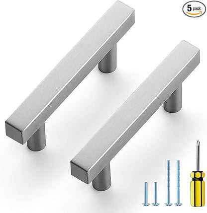Ravinte Brushed Nickel Cabinet Handles 5 Pack 2-1/2 inch Satin Nickel Square Cabinet Pulls Silver Hardware for Kitchen Cabinets 4 inch Overall Length Stainless Steel Drawer Pulls