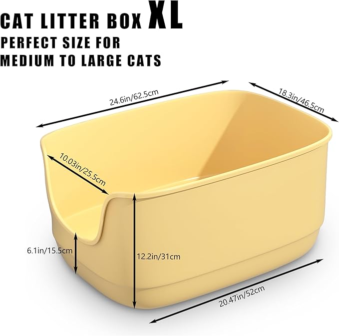 Gefryco Large Cat Litter Box with High Sided 24.6"x18.3"x12.2" - Jumbo Extra Large Open Anti - Splashing High Wall for Multiple Cats (Yellow)-Mewly Pet