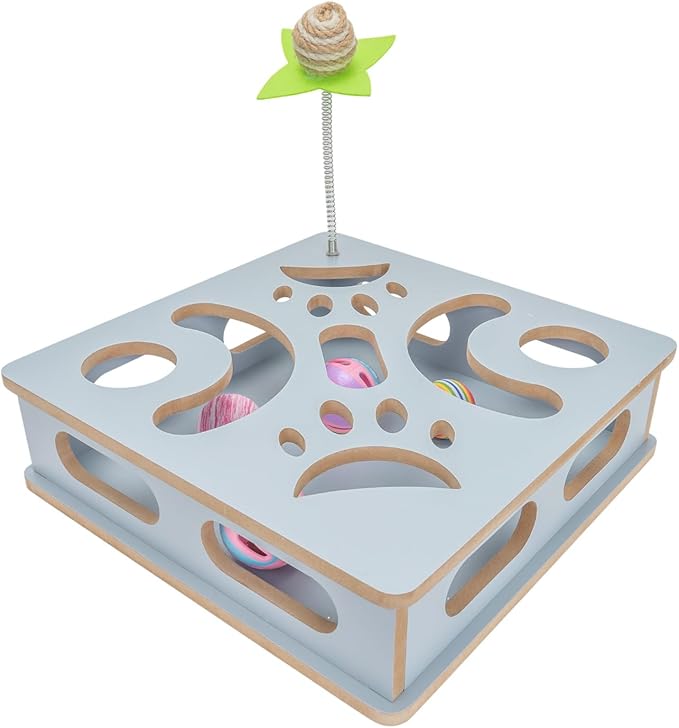 Interactive Wooden Cat Puzzle Toy Box Indoor Hunting Play Toy to Stimulate Your Cat’s Energy and Instincts (Blue)-Mewly Pet