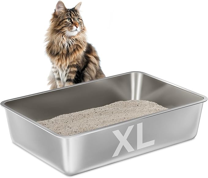 Stainless Steel Litter Box -6in High Sided,XL Metal Cat Litter Box for Big Cats Easy to Clean, Cat LitterBox Metal Pet Toilet for Adult Big Cats,Non Stick, No Smell,23.6"x15.8"x6"-Mewly Pet