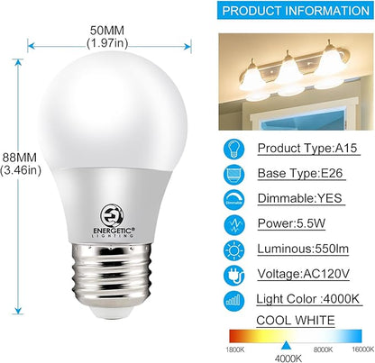 ENERGETIC SMARTER LIGHTING LED Refrigerator Bulb 40 Watt Equivalent, 4000K Cool White, Dimmable A15 Ceiling Fan Light Bulbs, E26 Base, UL Listed, 6 Pack