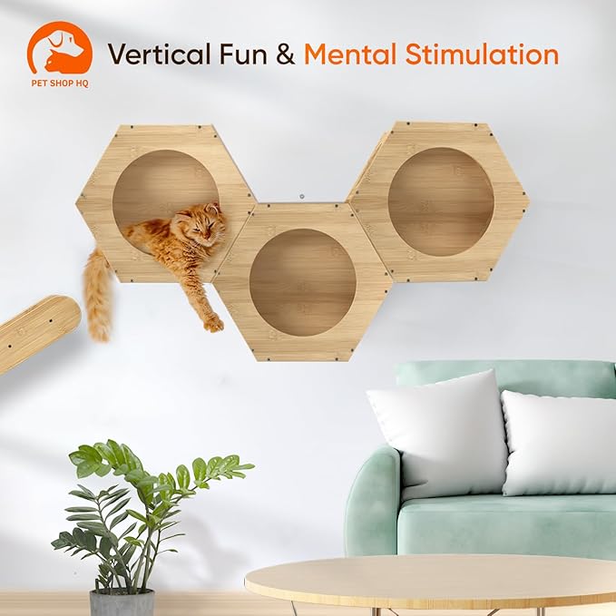 Cat Wall Furniture - Climbing Shelves, Ladders, Hammock & More - Bamboo Material - Light Brown - Cat House, Shelves, Perches, Hammock, Bed, Bridges, Walkways-Mewly Pet
