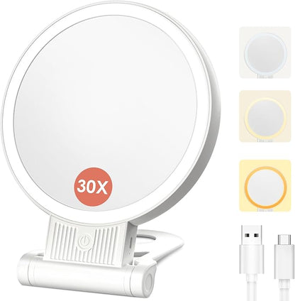 1X/30X Magnifying Mirror with Light and Adjustable Brightness, Makeup Mirror with 360° Rotation Adjustable Folding Handle, Portable Rechargeable Double Sided Mirrors, Foldable Vanity Mirror (white)
