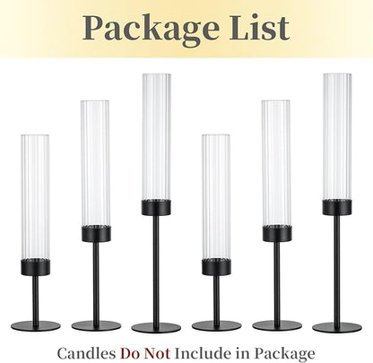 Hewory Black Taper Candle Holders: Candlestick Holders Set of 6 Hurricane Glass Tall Candle Holder for Candlesticks Candle Sticks Holder Decor for Table Centerpiece Wedding Party Christmas Decorations