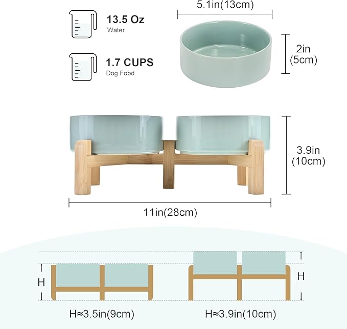 SPUNKYJUNKY Elevated Dog Bowls Ceramic, 5.1'' Dogs and Cat Food Water Bowls Raised with Non-Slip Bamboo Stand for Puppy Small Sized Breed Microwave Dishwasher Safe - 13.5 OZ,Light Green-Mewly Pet