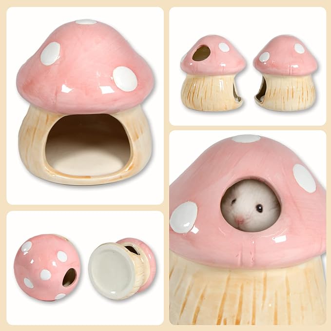 Ceramic Mushroom Guinea Pig House Hamster Hide Bed Includes Hamsters Food Bowl Guinea Pig Hideout for Hamster Chinchilla Hedgehog Rat Small Animals(Pink Mushroom Set)-Mewly Pet