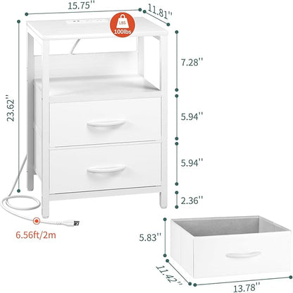 Yoobure Nightstand with Charging Station, Small Night Stand with Fabric Drawers and Storage Shelf for Bedrooms, Nightstands for Small Spaces, Bedside Table with USB Ports & Outlets, Bed Side Table