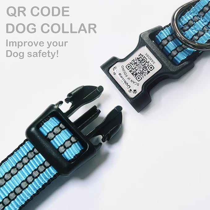 Reflective Dog Collar with Apple AirTag Holder & QR Code Pet ID Tag,Soft Nylon Adjustable Dog Tracker Collar with Safety Lock for Large Dogs(Blue, L（16"-26"）)-Mewly Pet