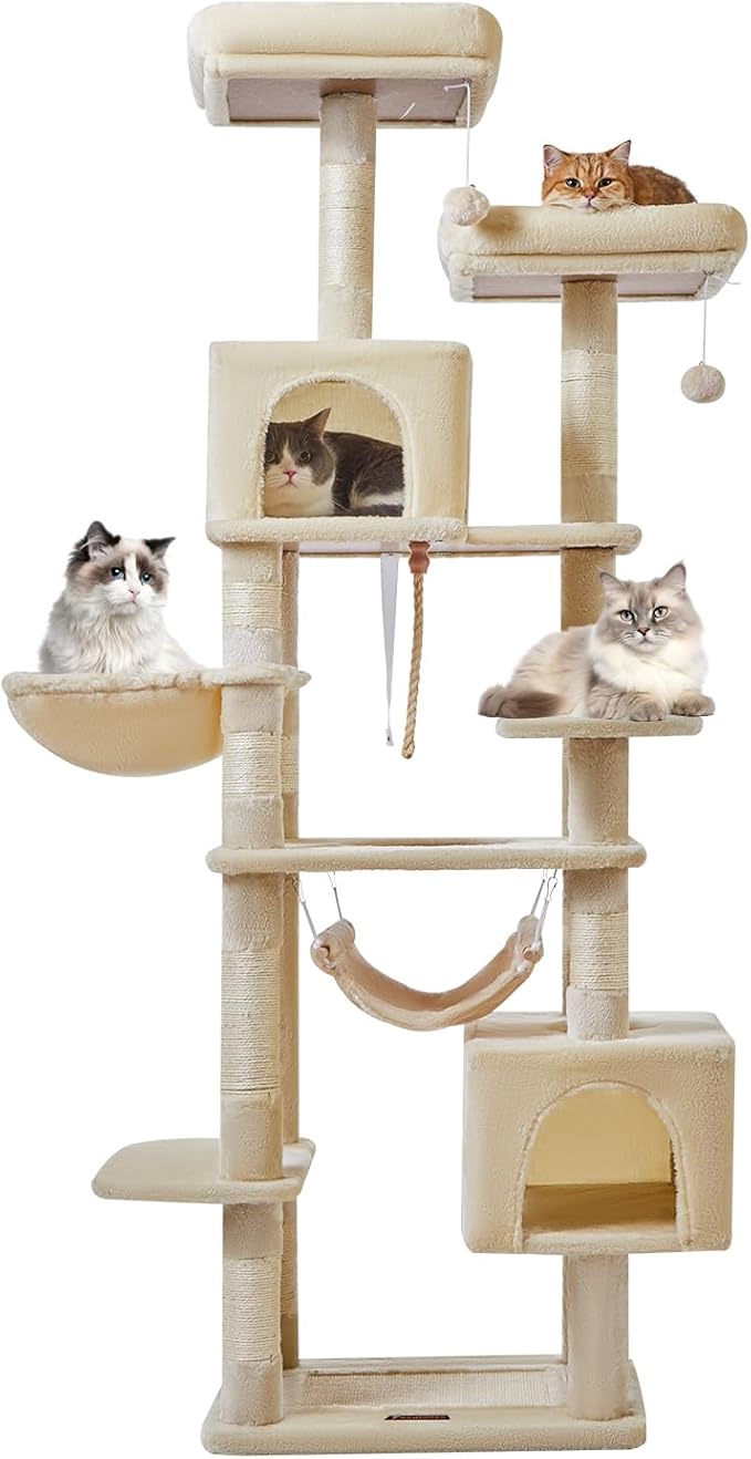 Taoqimiao Cat Tree, 71-Inch Cat Tree Cat Tower for Indoor Cats, Plush Multi-Level Cat Condo with 10 Scratching Posts, 2 Perches,Basket, 2 Caves,Hammock, 2 Pompoms,MS020M Beige-Mewly Pet