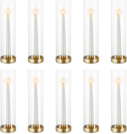 NUPTIO Hurricane Glass Candlestick Holders: 10 Set Bulk Gold Taper Candle Holder Metal Candle Stick Stand with 11.81 inch Tall Windproof Clear Seelves for Outdoor & Indoor Wedding Party Holiday Decor