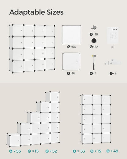 SONGMICS Cube Storage Organizer, Set of 16 Plastic Cubes, Closet Storage Shelves, DIY Plastic Closet Cabinet, Modular Bookcase, Shelving with Doors for Bedroom, Living Room, White ULPC44BSV1