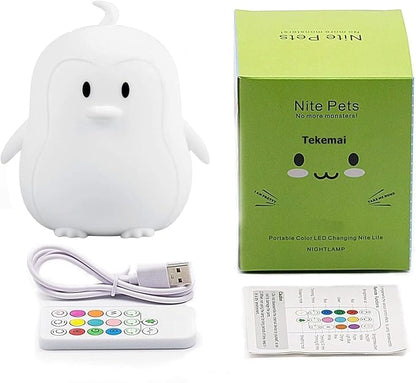 Night Light, LED Cute Silicone Lamp Bedside Lamp, Animal Light - 9 Colors Changing/USB Rechargeable/Remote Control/Dimmable Children Night Light for Kids/Bedroom/Baby Feeding - Medium Penguin