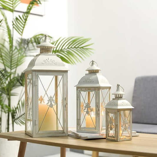 TRIROCKS 3-Pack Decorative Lanterns - 19" Vintage Metal Candle Holders with Tempered Glass - Perfect for Christmas, Living Room, Garden, Patio, Indoor & Outdoor Events (White with Gold Brush Finish)