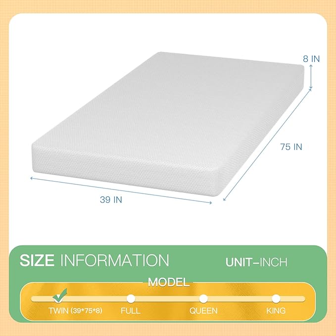 PayLessHere 8 inch Memory Foam Mattress Cooling Gel Green Tea Infused Mattress,CertiPUR-US Certified,Breathable Bed Mattress for Cooler Sleep Supportive & Pressure Relief,White Twin