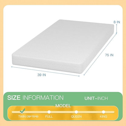 PayLessHere 8 inch Memory Foam Mattress Cooling Gel Green Tea Infused Mattress,CertiPUR-US Certified,Breathable Bed Mattress for Cooler Sleep Supportive & Pressure Relief,White Twin
