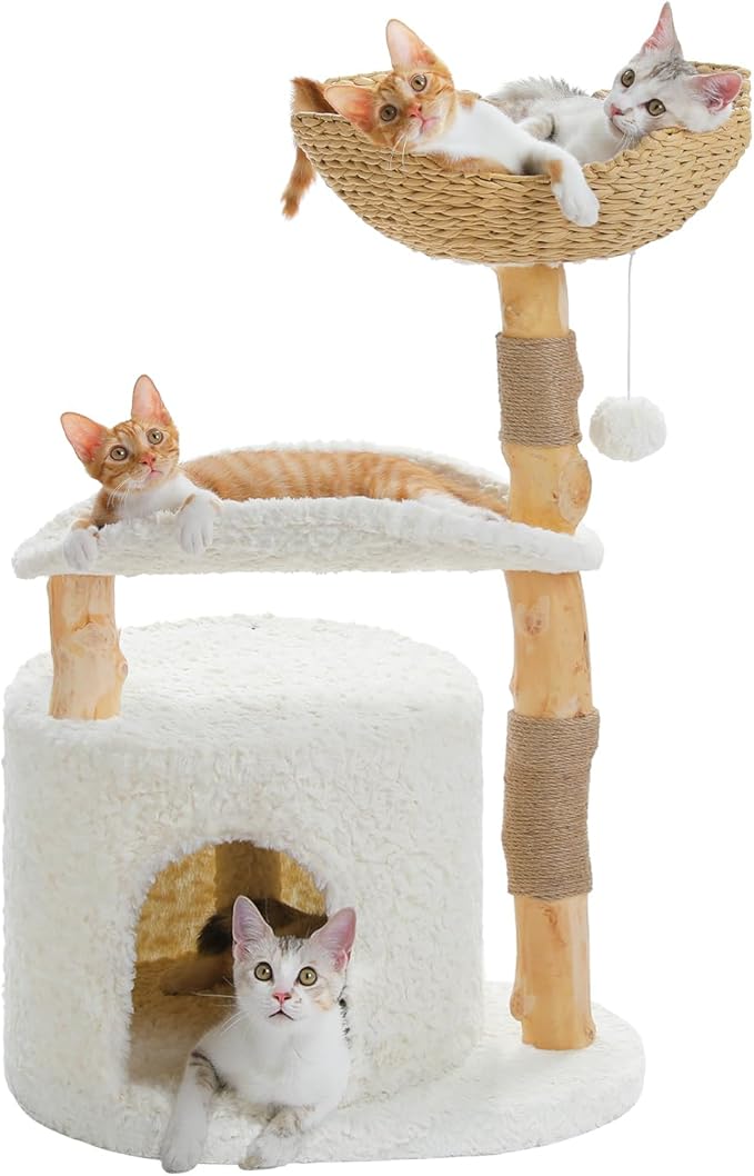 PAWZ Road Cat Tree for Indoor Cats Large Adults,38 Inches Modern Cat Tree Tower with Spacious Wicker Basket,Natural Solid Wood Scratching Posts,Curved Bed,Luxury Cat Condo for Large Cat-Mewly Pet
