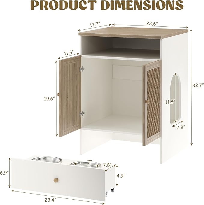 Cat Litter Box Enclosure Furniture Hidden - Indoor 3-in-1 Wooden Cat House & Washroom Cabinet with Scratching Board Doors, Shelf and Feeder Bowls, 23.6”x17.7”x32.7”H-Mewly Pet