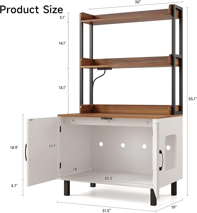 55 Inches Cat Litter Box Enclosure, Hidden Litter Box Furniture with 2 Storage Shelves and Charging Sockets, Wooden Cat House, Large Indoor Cabinet for Living Room & Entryway, White-Mewly Pet
