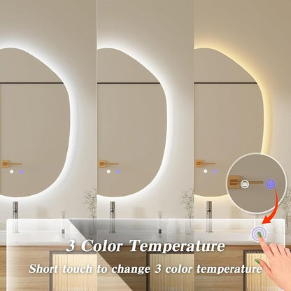 QDSSDECO Irregular LED Bathroom Mirror with Lights,Asymmetrical Led Bathroom Vanity Mirror for Wall with Front and Backlit, Anti Fog, 3 Colors and Dimmable Light, 23" x 31"