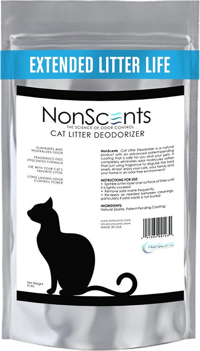 NonScents Cat Litter Deodorizer - Litter Box Odor Eliminator - Less Scooping Extends Kitty Litter Lifespan - Fragrance-Free Formula Eliminates Unpleasant Cat Odors – 8 Pound Bag-Mewly Pet