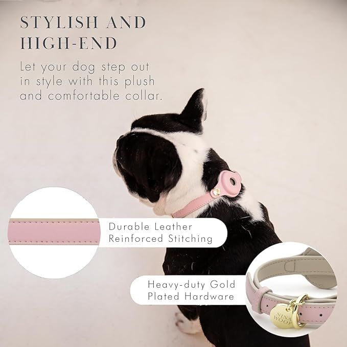 Cupertino Dog Collars, Harnesses & Leashes Made from Vegan Leather with Dog Tracker Device Holder Adjustable Dog Collar (Medium, Pink)-Mewly Pet