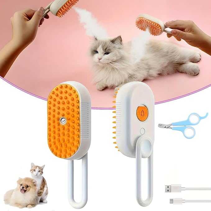 4 in 1 Pet Steam Brush, Cat Steam Brush, Quick & Easy Pet Hair Remover, Massaging & Deshedding - Anti-Static, Moisturizing, USB Rechargeable for Dogs & Cats (White)-Mewly Pet