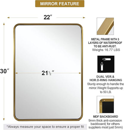 ANDY STAR Brass Mirror Bathroom, 22x30’’ Rounded Rectangle Mirror, Brushed Gold Bathroom Vanity Mirror Non-Rusting SUS304 Metal Tube Frame 1’’ Deep Wall-Mounted Mirrors Vertical/Horizontal