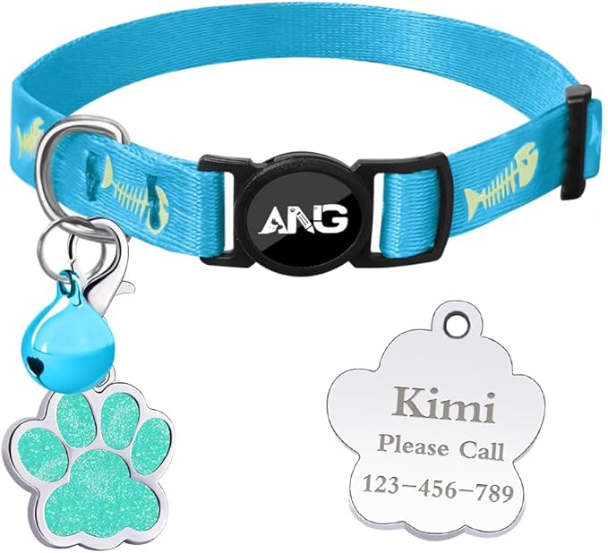 Personalized Breakaway Cat Collars Glow-in-The-Dark with ID Tag, Bell - Safety Quick - Release, Customizable for Female Male Kittens & Cats (Blue)-Mewly Pet