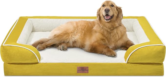 Comfort Expression Orthopedic XL Dog Beds, Waterproof Extra Large Dog Bed with Bolster, Washable Dogs Bed Sofa with Removable Cover & Non-Slip Bottom(X-Large,Spicy Mustard)-Mewly Pet
