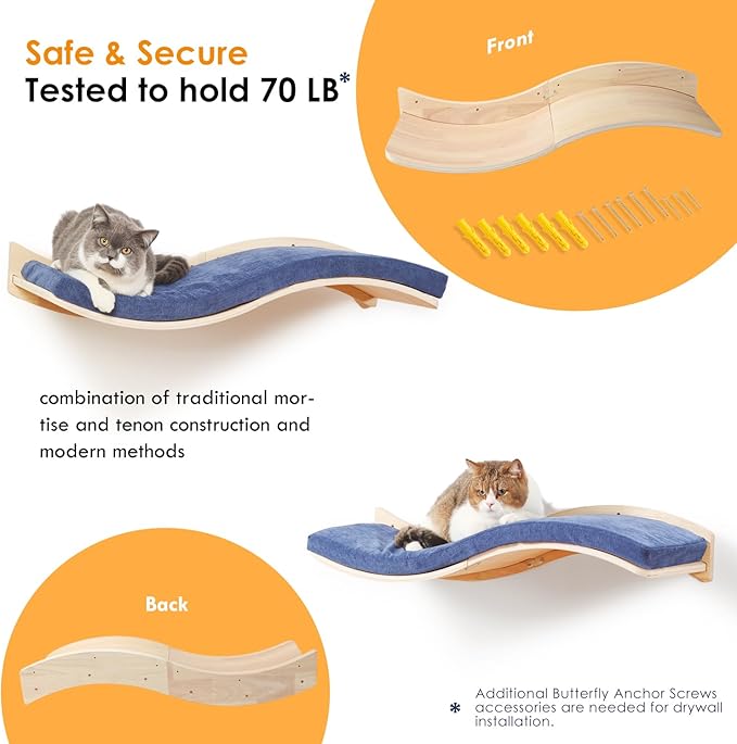 Cat Wall Shelves for Large Cats - Wall Mounted Furniture with Comfortable Cushion, Perfect Perch and Bed for Multi-Cat Households - 35 inch Wavy Shelf for Climbing, Playing, Resting, and Lounging-Mewly Pet