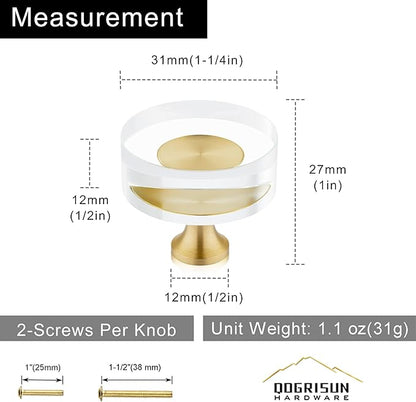 QOGRISUN 10-Pack Brass Crystal Cabinet Knobs,Glass Crystal Gold Drawer Knobs,1-1/4-Inch Round, Decorative Dresser Pulls, Modern Cabinet Hardware