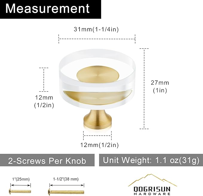 QOGRISUN 2-Pack Brass Crystal Cabinet Knobs,Glass Crystal Gold Drawer Knobs,1-1/4-Inch Round, Decorative Dresser Pulls, Modern Cabinet Hardware