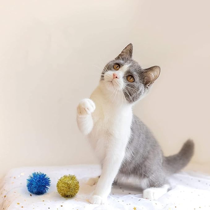 AUEAR, 12 Pack 2 Inch Sparkle Ball Shiny Glitter Tinsel Pom Poms Interactive Cat Balls for Kittens (6 Colors)-Mewly Pet