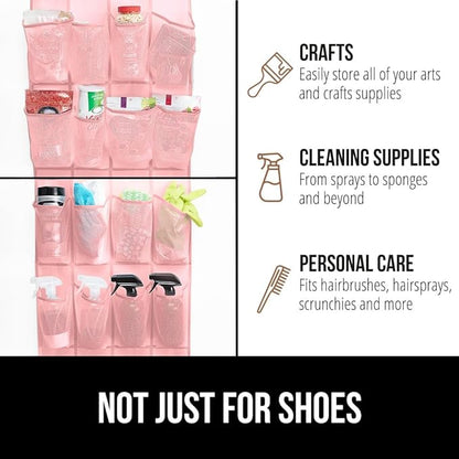 GORILLA GRIP Over the Door Shoe Organizer, 24 Large Breathable Mesh Pockets, Space Saving Hanging Storage Holder, Closet Rack Hanger Holds Up to 40 lbs, Hangs on Closets for Shoes, Accessories, Pink