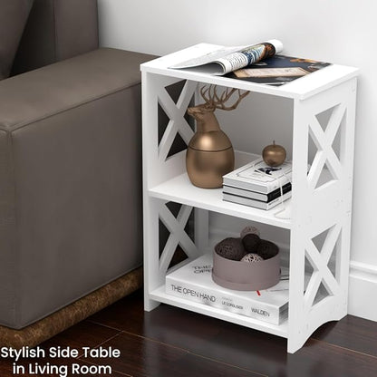 LUCKNOCK Narrow Side Table with Storage, 3-Tier Slim Nightstand for Small Spaces, White Modern End Table, Bedside Table, Bookshelf for Living Room, Bedroom, Bathroom and Office.