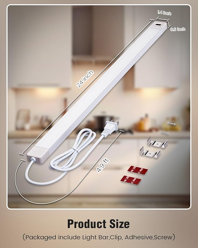 MYPLUS 2Pcs 24 Inch Under Cabinet Lights with Hand Wave, Under Counter Lighting 4000K Natural White,Dimmable,Plug and Play,LED Lights for Kitchen Cabinet, Cupboard, Closet, Desk