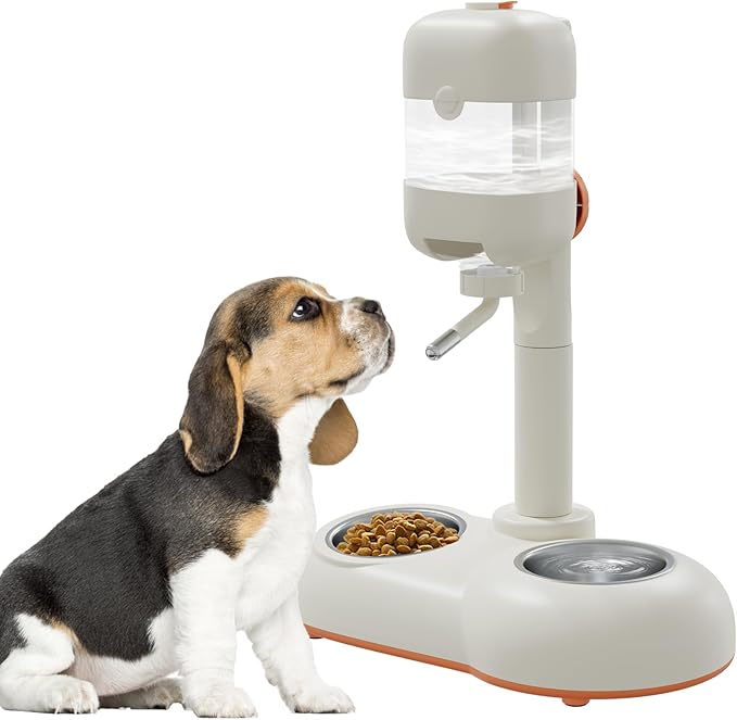 Pet Bowls,15°Tilted Puppy Food Bowls with Puppy Weaning Bottles,3 in 1 Height Adjustable Water Dispenser for Dogs,Pet Food Bowls for Ferrets,Cats,Rabbits and Small Sized Dogs(White)-Mewly Pet