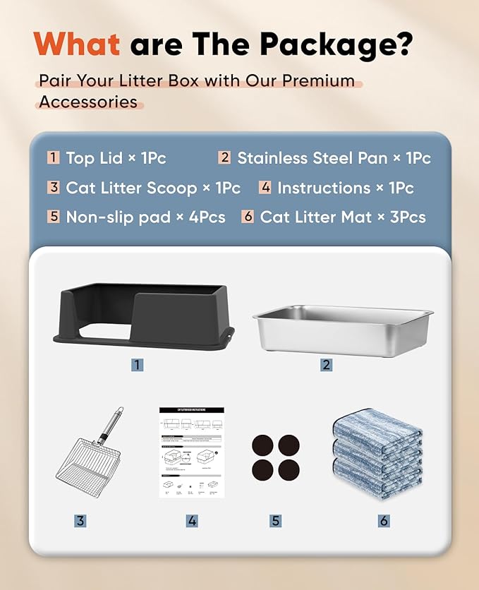 Stainless Steel Litter Box with Lid, 23.5" L x 15.8" W x 10.5" H, Large Metal Cat Box for Big Cats, High Sided Kitty Litter Box with Scoop & Pee Pads, Non-Sticky, Anti-Leakage, Easy to Clean (Black)-Mewly Pet