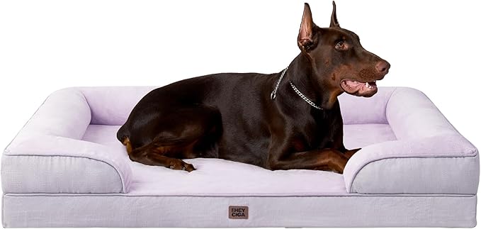 EHEYCIGA Orthopedic XL Dog Beds, Waterproof Memory Foam Dog Bed for Extra Large Dogs, Non-Slip Bottom and Egg-Crate Foam Big Pet Couch Bed with Washable Removable Cover,Lilac-Mewly Pet