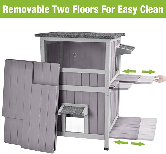 GUTINNEEN Outdoor Cat House Weatheproof Feral Cat Shelter Wooden Cat Condo for Winter with Escape Doors（AIR14）-Mewly Pet