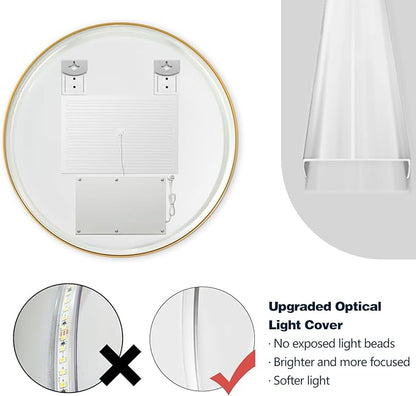 Niccy Round Led Mirror for Bathroom, 24" Backlit Mirror for Wall Circle Lighted Mirror with Gold Frame Anti-Fog, 3 Colors, HD Glass and IP65 Waterproof